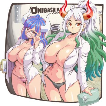 2girls blue_hair breasts cleavage lewdamone long_hair multicolored_hair multiple_girls one_piece ulti_(one_piece) yamato_(one_piece)
