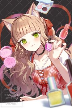 Rule 34 | 1girl, animal ear fluff, animal ears, black background, black choker, blurry, blurry foreground, breasts, brown hair, cat ears, choker, closed mouth, collarbone, commentary request, depth of field, green eyes, hair intakes, hand up, highres, holding, long hair, looking at viewer, momoshiki tsubaki, original, puffy short sleeves, puffy sleeves, short sleeves, small breasts, smile, solo, upper body, very long hair, watermark