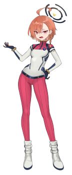 1girl absurdres ahoge amate_yuzuriha amate_yuzuriha_(cosplay) blue_archive blush bodysuit braid breasts commentary_request cosplay gundam gundam_gquuuuuux halo highres long_sleeves looking_at_viewer mecha_pilot_suit mobile_suit mole mole_under_eye multicolored_bodysuit neru_(blue_archive) normal_suit_(gundam) open_mouth orange_hair red_bodysuit red_eyes science_fiction short_hair simple_background single_braid small_breasts solo turtleneck turtleneck_bodysuit two-tone_bodysuit weissbeir21 white_background