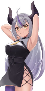 1girl absurdres ahoge alternate_breast_size_(larger) armpits arms_behind_head arms_up black_dress breasts closed_mouth commentary_request cowboy_shot demon_girl demon_horns dress grey_hair hair_between_eyes highres hololive horns la+_darknesss large_breasts long_hair looking_at_viewer multicolored_hair purple_streaks ramkilog simple_background sleeveless sleeveless_dress smile solo streaked_hair striped_horns virtual_youtuber white_background yellow_eyes