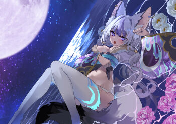 Rule 34 | 1girl, 2025, artist request, belly, dajijii, flower, fox girl, indie virtual youtuber, purple eyes, sitting, solo, tail