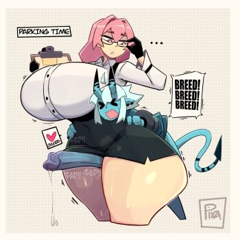 1futa 1girl ass blue_skin breasts closed_eyes colored_skin english_text futa_with_female futanari glasses gloves heart horns huge_ass huge_breasts imminent_penetration juice large_penis long_hair looking_at_viewer monster_girl oni open_mouth penis pink_hair pixzapix short_hair size_difference soukaku_(zenless_zone_zero) speech_bubble tail tsukishiro_yanagi zenless_zone_zero