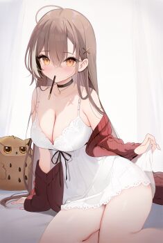 1girl ahoge alternate_costume bird blush breasts brown_eyes brown_hair food food_in_mouth hair_ornament highres holding holding_food holding_pocky hololive hololive_english hootsie_(nanashi_mumei) koahri large_breasts lingerie long_hair looking_at_viewer multicolored_hair nanashi_mumei negligee owl pocky pocky_in_mouth solo streaked_hair thighs underwear very_long_hair virtual_youtuber white_negligee x_hair_ornament