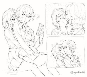 2girls alternate_costume belle_(zenless_zone_zero) blush cellphone closed_eyes highres holding holding_phone hug hug_from_behind kiss meous multiple_girls phone school_uniform seed_(zenless_zone_zero) smartphone twitter_username yuri zenless_zone_zero