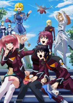 Rule 34 | 3girls, 5boys, agnes giebenrath, alternate color, auel neider, bento, black hair, blonde hair, chopsticks, compass uniform, copyright name, eating, food, fork, gundam, gundam seed, gundam seed destiny, gundam seed freedom, heine westenfluss, highres, holding, holding fork, looking at viewer, lunamaria hawke, lunchbox, military uniform, multiple boys, multiple girls, purple eyes, red eyes, red hair, rey za burrel, sandwich, shinn asuka, sitting, skirt, smile, stellar loussier, sting oakley, takatoshi, z'gok (seed)