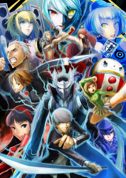 6+boys 6+girls :o aigis_(persona) amagi_yukiko androgynous android atlus bare_shoulders bear black_hair blonde_hair blue_eyes blue_hair bodysuit breasts brown_eyes brown_hair newsboy_cap card clenched_hands coat crossdressing dark_persona detective dual_persona electricity elizabeth_(persona) facial_hair fangs fighting_stance fingerless_gloves floating_card folding_fan foreshortening fur_coat gloves grey_eyes grey_hair hair_between_eyes hair_over_one_eye hairband hanamura_yousuke hand_fan hat headphones headphones_around_neck heterochromia holding holding_card izanagi_(persona_4) jacket jacket_on_shoulders katana kicking kirijou_mitsuru knife kuma_(persona_4) labrys_(persona) lips long_hair long_sleeves looking_at_viewer medium_breasts multiple_boys multiple_girls muscular narukami_yu necktie nyaasora open_mouth persona persona_3 persona_4 persona_4:_the_ultimate_in_mayonaka_arena rapier red_eyes red_hair reverse_trap robot sanada_akihiko satonaka_chie scar school_uniform serious shadow_labrys shirogane_naoto skirt small_breasts smile straight_hair sword tatsumi_kanji teeth wavy_hair weapon white_hair yellow_eyes