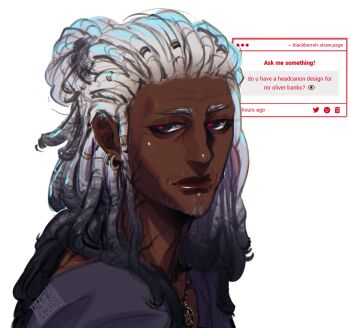 1boy bags_under_eyes beard blackberreh-art commentary crow's_feet dark-skinned_male dark_skin design_speculation dreadlocks earrings english_commentary face_piercing facial_hair fan_request gradient_hair hair_rings half_updo highres jewelry labret_piercing lips multicolored_hair oliver_banks piercing red_pupils request_inset solo strawpage the_magnus_archives very_dark_skin white_hair