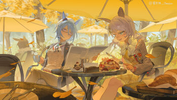 3girls animal_ears aqua_eyes artist_name autumn autumn_leaves blue_hair blush brooch brown_hair cardigan chair cherry_tomato croissant crossed_legs cup danbaofan_omuless dress falling_leaves food fork fruit ginkgo_leaf glasses grey_cardigan grey_hair grey_ribbon grey_vest hair_ornament hairclip highres hishi_miracle_(umamusume) holding holding_cup holding_fork holding_knife horse_ears horse_girl jewelry k.s.miracle_(umamusume) knife leaf multiple_girls neck_ribbon open_cardigan open_clothes oreo outdoors plate purple_eyes ribbon round_table semi-rimless_eyewear sitting strawberry strawberry_slice table tomato umamusume umbrella under-rim_eyewear vest yellow_dress
