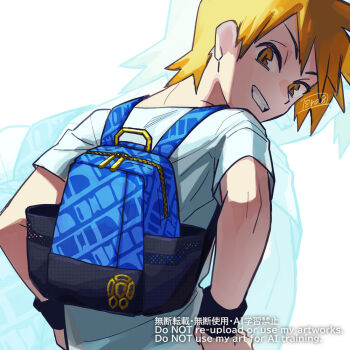 1boy backpack bag blonde_hair blue_bag blue_oak brown_eyes grin hands_on_own_hips haraya looking_at_viewer looking_back male_focus mixed-language_commentary nintendo pokemon pokemon_masters_ex shirt short_hair short_sleeves signature smile solo spiked_hair teeth watermark wristband zipper zipper_pull_tab