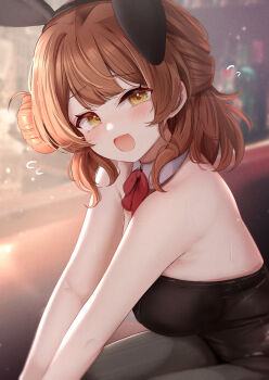 1girl :d absurdres animal_ear_hairband animal_ears bare_arms black_leotard black_pantyhose blurry blurry_background bow bowtie breasts brown_eyes brown_hair commentary_request detached_collar fake_animal_ears flying_sweatdrops gakuen_idolmaster hair_bun hairband hanami_ume highres idolmaster large_breasts leotard looking_at_viewer medium_hair open_mouth pantyhose playboy_bunny rabbit_ear_hairband rabbit_ears red_bow red_bowtie single_side_bun sitting sky_cappuccino smile solo strapless strapless_leotard