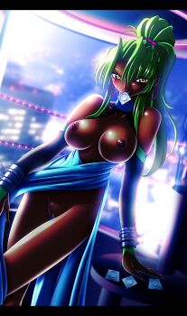 1girl blush breasts condom dark_skin dress earrings green_hair highres jewelry large_breasts looking_at_viewer melficexd naughty_face nipples ponytail puffy_nipples pussy sofia toushinden uncensored yellow_eyes