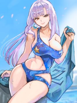 1girl absurdres blue_background blunt_bangs breasts brown_eyes cleavage commentary crescent crescent_earrings dated earrings english_commentary gundam gundam_zz highres holding jewelry long_hair looking_at_viewer navel okrdisk2000 purple_eyes purple_hair roux_louka single_bare_shoulder sitting solo star_(symbol) star_print swimsuit wet