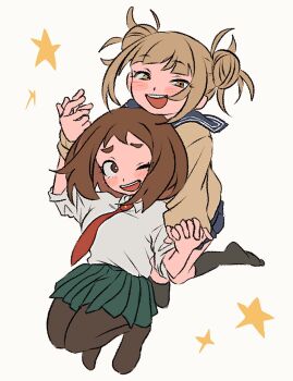 2girls black_pantyhose black_socks blonde_hair blue_sailor_collar blue_skirt blunt_bangs blush boku_no_hero_academia breasts brown_eyes brown_hair collared_shirt double_bun floating full_body green_skirt hair_bun holding_hands interlocked_fingers medium_breasts medium_hair messy_hair multiple_girls necktie no_shoes nununanu one_eye_closed open_mouth pantyhose pleated_skirt red_necktie sailor_collar school_uniform shirt skirt smile socks sweater toga_himiko uraraka_ochako white_shirt yellow_eyes yellow_sweater yuri