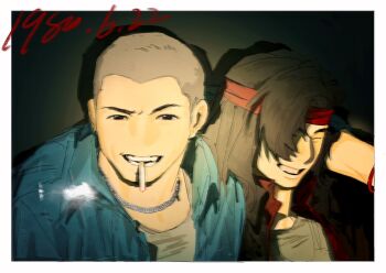 2boys arm_around_shoulder black_eyes black_hair blue_jacket bracelet buzz_cut camera_flash casual chain chain_necklace closed_eyes closed_mouth contemporary dated enopth1102 grey_shirt grin hair_over_one_eye headband highres jacket jewelry kung_lao liu_kang looking_at_viewer male_focus medium_hair mortal_kombat_(series) multiple_boys necklace open_clothes open_mouth open_shirt photo_(object) red_headband red_shirt shirt short_hair smile smoking very_short_hair