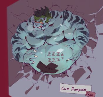 1boy animal_ears bara bare_pectorals belly biceps bloated blush broken_wall byakko_(yu_yu_hakusho) claws commentary_request english_text fangs fat fat_man furry furry_male green_hair hands_on_own_stomach highres looking_to_the_side male_focus nipples null-ghost one_eye_closed pectorals red_background sweatdrop through_wall tiger_boy tiger_ears tiger_stripes topless_male translation_request yuu_yuu_hakusho