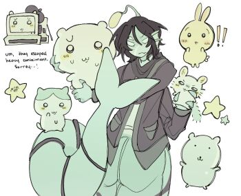 1boy 20seals black_hair character_request chiikawa chiikawa_(character) coat colored_skin commentary english_commentary english_text extra_arms extra_eyes fins green_skin head_fins holding looking_at_viewer male_focus merman monster_boy painter_(pressure) pressure_(roblox) sebastian_solace simple_background white_background