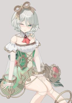 Rule 34 | 1girl, ascot, bare shoulders, breasts, cecilia immergreen, cecilia immergreen (1st costume), commentary request, cowboy shot, doll joints, double-parted bangs, dress, gears, glawsbsxpytn7j9, green dress, green eyes, grey background, grey hair, hair between eyes, hashtag-only commentary, highres, hololive, hololive english, invisible chair, joints, long sleeves, looking at viewer, multicolored hair, one eye closed, open mouth, red ascot, see-through clothes, see-through sleeves, short hair, simple background, sitting, small breasts, solo, virtual youtuber, winding key