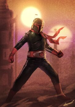 1boy armor artist_name belt black_pants black_shirt boba_fett boots building clenched_hands cosplay desert full_body gloves green_armor green_helmet hashtag-only_commentary helmet highres kamen_rider kamen_rider_(1st_series) kamen_rider_2 kamen_rider_2_(cosplay) legs_apart male_focus mandalorian mandalorian_helmet naratani outdoors pants radio_antenna red_belt red_boots red_gloves red_scarf sand scarf science_fiction shirt signature solo standing star_wars sun tatooine typhoon_(kamen_rider)