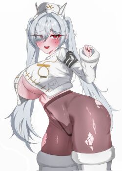 1girl black_pantyhose blanc_(fortune_express)_(nikke) blanc_(nikke) blush boots breasts chandlecat cinderella_(nikke) coat commentary english_commentary fur-trimmed_boots fur_trim goddess_of_victory:_nikke hair_over_one_eye hat high-waist_pantyhose highres jacket large_breasts long_hair looking_at_viewer official_alternate_hairstyle panties panties_under_pantyhose pantyhose red_eyes see-through_pantyhose smile solo split-color_clothes torn_clothes torn_pantyhose twintails underboob undersized_clothes underwear very_long_hair white_boots white_hair white_hat white_panties winter_clothes winter_coat