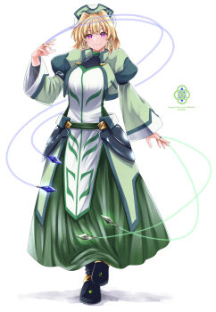 1girl character_name closed_mouth commentary_request copyright_name dress earrings floating_earrings full_body green_dress green_hat hair_intakes hand_up hat highres hoop_earrings jewelry klarwind long_dress long_sleeves looking_at_viewer lyrical_nanoha magic mahou_shoujo_lyrical_nanoha mahou_shoujo_lyrical_nanoha_a's medium_hair paid_reward_available purple_eyes ring shamal simple_background solo sougetsu_izuki standing white_background wide_sleeves wire
