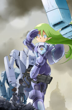 1980s_(style) 1boy 2girls armor ass bodysuit bullpup child choujikuu_yousai_macross doll dress giant giantess gloves green_hair gun hat helmet horizontal_magazine inui&#039;s_meltran inui_(jt1116) long_hair macross mecha meltrandi military military_uniform multiple_girls oldschool p90 personal_defense_weapon pointy_ears purple_eyes retro_artstyle robot ruins salute science_fiction serious shirt shorts size_difference smoke soldier spacesuit submachine_gun u.n._spacy united_states_capitol vf-1 weapon zentradi