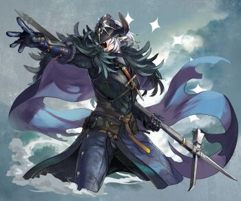 Rule 34 | 1boy, :o, belt, berg (pixiv fantasia last saga), cape, elf, fake horns, fur cape, gloves, grey background, hammer, helmet, highres, holding, holding polearm, holding weapon, horned helmet, horns, knife, long hair, male focus, mask, pixiv fantasia, pixiv fantasia last saga, piyo, pointy ears, polearm, pouch, solo, standing, war hammer, weapon, weapon request, white hair