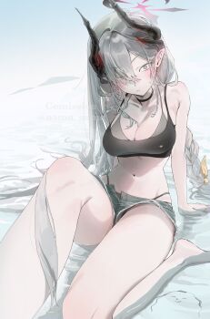 1girl absurdres arm_support bare_legs bikini bikini_bottom_under_shorts bikini_under_clothes black_bikini black_choker blue_archive blush breasts choker cleavage commentary_request commission demon_horns denim denim_shorts grey_hair halo highres horns knee_up looking_at_viewer makoto_(anniversary_swimsuit)_(blue_archive) makoto_(blue_archive) munikomamu navel outdoors pointy_ears shallow_water short_shorts shorts sitting skeb_commission solo stomach swimsuit water