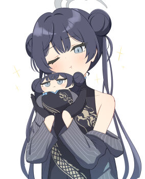 Rule 34 | 1girl, black gloves, blue archive, china dress, chinese clothes, commentary, double bun, dragon print, dress, foulo paints, gloves, hair bun, halo, highres, kisaki (blue archive), pout, sleeveless, twintails