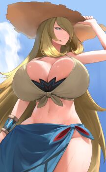 1girl blonde_hair breasts cleavage cynthia_(pokemon) female_focus hair_over_one_eye hat highres huge_breasts long_hair navel nintendo pokemon sarong shou_illust solo sun_hat sweat very_long_hair