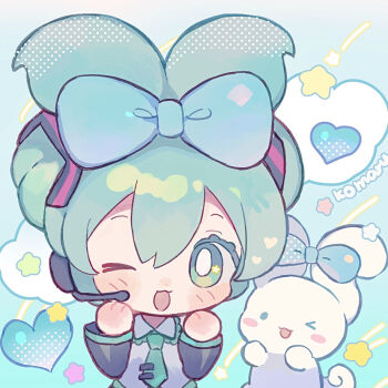 &gt;_o 1girl :3 ;d black_sleeves blue_background blue_bow blue_eyes blue_hair blue_necktie blush bow bright_pupils chibi chibi_only cinnamiku cinnamoroll collared_shirt commentary_request detached_sleeves double-parted_bangs fuwa_fuwa_cinnamoroll hair_between_eyes hair_bow hands_up hatsune_miku headset heart long_sleeves looking_at_viewer milkyway080 necktie one_eye_closed open_mouth sanrio shirt short_hair sleeveless sleeveless_shirt smile solo tie_clip twintails updo upper_body vocaloid white_pupils