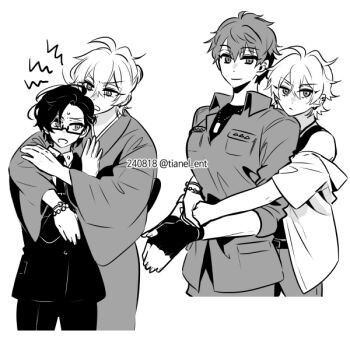 3girls ahoge annoyed aohitsugi_samatoki artist_name bracelet busujima_mason_rio collared_shirt cropped_legs dog_tags earrings fingerless_gloves forced_hug formal_clothes genderswap genderswap_(mtf) glasses gloves greyscale hug hug_from_behind hypnosis_mic iruma_jyuto jacket japanese_clothes jewelry kimono looking_at_another looking_at_viewer mad_trigger_crew military_jacket monochrome multiple_girls necktie off_shoulder own_hands_together shirt short_hair simple_background suit sweatdrop tank_top tianel_ent white_background yuri