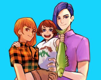 absurdres family fire_emblem fire_emblem:_three_houses fish flannel highres holding leonie_pinelli leonie_pinelli_(timeskip) lorenz_hellman_gloucester lorenz_hellman_gloucester_(timeskip) nintendo orange_eyes orange_hair purple_eyes purple_hair sethkiel