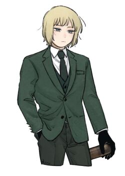 1boy axis_powers_hetalia baseball_bat black_gloves blonde_hair blue_eyes breast_pocket buttons closed_mouth collared_shirt commentary_request cowboy_shot empty_eyes formal_clothes gloves green_jacket green_necktie green_pants green_vest half-closed_eyes hand_in_pocket highres holding holding_baseball_bat jacket lapels long_sleeves looking_afar male_focus mi_aph_to necktie pants pocket shirt short_hair simple_background solo standing suit suit_jacket switzerland_(hetalia) vest white_background white_shirt