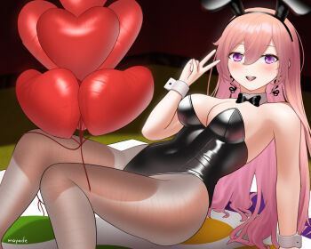 1girl animal_ear_hairband animal_ears balloon black_leotard bow bowtie brown_pantyhose detached_collar fake_animal_ears feet_out_of_frame hairband heart_balloon highres ismle leotard long_hair mayade_art pantyhose phase_connect pink_eyes pink_hair playboy_bunny playing_games rabbit_ears runie_ruse solo strapless strapless_leotard twister v virtual_youtuber wrist_cuffs