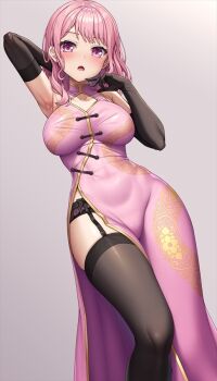 1girl arm_up armpits bang_dream! black_garter_straps black_gloves black_thighhighs blush china_dress chinese_clothes clothing_cutout collarbone commentary_request commission dress elbow_gloves garter_straps gloves hand_up lambda_(kusowarota) long_hair looking_at_viewer maruyama_aya open_mouth pink_dress pink_eyes pink_hair print_dress skeb_commission solo standing thighhighs tongue