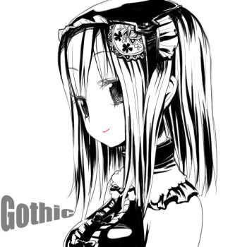 1girl bare_shoulders center_frills collar english_text fantasy_earth_zero female_focus frills goth_fashion greyscale hair_ornament hairpin looking_at_viewer monochrome short_hair simple_background solo tank_(artist) text_focus upper_body white_background