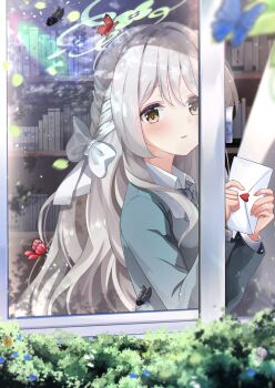 1girl aizawa_(aizawatsu) blazer blue_archive blush book bookshelf bow braid brown_eyes bug butterfly collared_shirt envelope from_outside grey_bow grey_hair hair_between_eyes hair_bow hands_up highres holding holding_envelope insect jacket long_hair long_sleeves looking_at_viewer miyo_(blue_archive) open_window parted_lips school_uniform shirt smile solo striped_bow very_long_hair white_bow white_shirt window