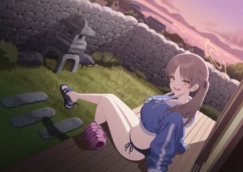 1girl absurdres arms_behind_back artist_request backyard bikini bikini_bottom_only black_bikini black_bow blue_archive blue_hoodie blush bow breasts brown_hair eyewear_hang from_side game_cg hair_bow halo highres hood hoodie incense_burner kayari_buta long_hair looking_at_viewer looking_to_the_side medium_breasts moe_(blue_archive) moe_(swimsuit)_(blue_archive) mosquito_coil naughty_face non-web_source official_alternate_costume official_art open_mouth outdoors parted_bangs puffy_sleeves rash_guard round_eyewear sandals side-tie_bikini_bottom solo swimsuit twintails unworn_eyewear yellow_eyes yellow_halo