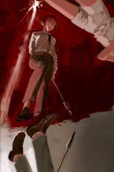 Rule 34 | 2girls, belt, black belt, black necktie, blood, blood drip, blood on feet, blunt bangs, braid, chainsaw man, collared shirt, glowing, glowing eyes, grey pants, highres, holding, holding polearm, holding weapon, kamo (kamonegioisi), long hair, long sleeves, lying, makima (chainsaw man), multiple girls, necktie, on back, pants, parted lips, polearm, pool of blood, red hair, reflection, reze (chainsaw man), ringed eyes, shirt, shorts, spear, upside-down, weapon, white shirt, white shorts, yellow eyes