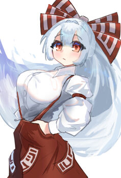 1girl bow breasts closed_mouth commentary from_side fujiwara_no_mokou hair_bow light_blush long_hair long_sleeves looking_at_viewer oodama_(yosugamike) pants red_bow red_eyes red_pants shirt solo standing suspenders touhou very_long_hair white_background white_hair white_shirt