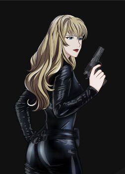1girl absurdres blonde_hair blue_eyes catsuit cowboy_bebop curls gun highres julia_(cowboy_bebop) leather suiyobi weapon