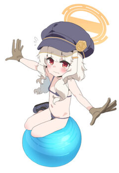 1girl aoba_(blue_archive) ball bikini black_bikini black_hat black_shoes blue_archive brown_gloves closed_mouth commentary_request exercise_ball flat_chest flying_sweatdrops gloves hair_ornament hairclip halo hat highres loli long_hair looking_at_viewer micro_bikini navel newsboy_cap outstretched_arms peaked_cap red_eyes saeki_tatsuya shoes simple_background solo spread_arms swimsuit variant_set white_background white_hair yellow_halo