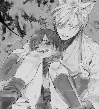 1boy 1girl animal_ears bit_gag black_hair black_nails black_shirt black_skirt black_socks blush breasts clothes_grab clothes_lift commentary_request fox_ears fox_mask_(silent_hill) gag glowing glowing_eyes greyscale hair_between_eyes hair_over_shoulder hand_on_another's_thigh heavy_breathing hetero highres implied_sex kemonomimi_mode long_hair long_sleeves medium_breasts monochrome moochi_zatsu nail_polish parted_lips robe school_uniform shimizu_hinako shirt shirt_lift silent_hill_(series) silent_hill_f skirt smile socks sweat underboob white_hair white_robe