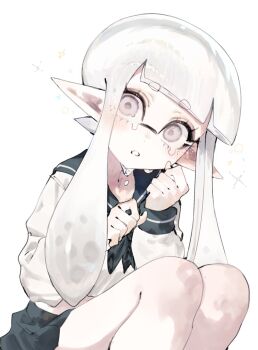 1girl blue_neckerchief blue_sailor_collar blue_skirt clenched_teeth commentary_request crying crying_with_eyes_open head_tilt highres inkling inkling_girl inkling_player_character long_hair long_pointy_ears long_sleeves looking_at_viewer neckerchief nintendo pointy_ears sailor_collar school_uniform serafuku shirt simple_background skirt solo splatoon_(series) tears teeth tentacle_hair togetoge white_background white_eyes white_hair white_shirt