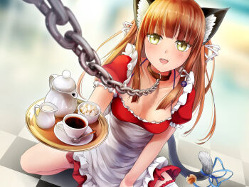 1girl :d animal_ears apron arm_support bell blue_ribbon breasts cat_ears cat_girl cat_tail chain cleavage coffee coffee_pot collar cup disposable_cup dutch_angle game_cg gradient_background hair_ribbon highres hunie_(series) huniepop jingle_bell kneeling long_hair looking_at_viewer maid maid_apron milk momo_(huniepop) ninamo non-web_source on_floor open_mouth ribbon slave small_breasts smile spoon sugar_cube tail teacup thighhighs tray white_ribbon white_thighhighs