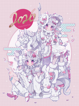 2026 2girls :o absurdres bandaid bandaid_on_knee bandaid_on_leg blunt_bangs blush bonnet calligraphy_brush closed_mouth commentary_request food fruit full_body fur-trimmed_sleeves fur_trim grey_hair grey_hat grid_background happy_new_year hat high_heel_sandals highres holding holding_calligraphy_brush holding_paintbrush japanese_clothes kimono long_hair long_sleeves looking_at_viewer mandarin_orange miniko_0325 multiple_girls new_year obi open_mouth original paintbrush pink_eyes pink_sandals pink_sash rabbit sandals sash sitting smile socks white_bonnet white_kimono white_socks wide_sleeves