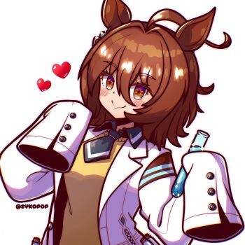 Rule 34 | 1girl, agnes tachyon (tach-nology) (umamusume), agnes tachyon (umamusume), ahoge, animal ears, blush, brown hair, chemical structure, closed mouth, coat, earrings, hair between eyes, heart, highres, holding, holding test tube, horse ears, horse girl, huge ahoge, jewelry, lab coat, long sleeves, looking at viewer, medium hair, necktie, red eyes, short necktie, simple background, single earring, sleeves past fingers, sleeves past wrists, smile, solo, sweater, sweater vest, syko pop, test tube, umamusume, upper body, white background, white coat, yellow sweater, yellow sweater vest