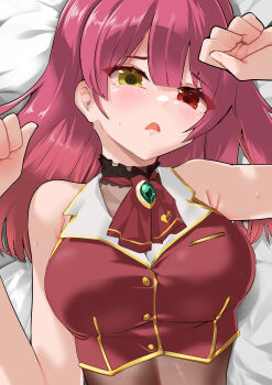 1girl absurdres ascot black_choker breasts choker commentary_request cropped_jacket frilled_choker frills harry_(namayake) heterochromia highres hololive houshou_marine houshou_marine_(1st_costume) jacket large_breasts leotard leotard_under_clothes long_hair looking_at_viewer lying on_back open_mouth red_ascot red_eyes red_jacket sleeveless sleeveless_jacket solo virtual_youtuber yellow_eyes