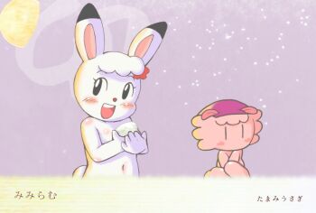 2girls animal animal_ears black_eyes blush flat_chest flower furry grey_background hair_flower hair_ornament half_moon headscarf holding kinpiro looking_at_viewer looking_to_the_side makiba_ramurin midorihara_mimirin moon multiple_girls navel nude open_mouth pink_fur pink_headscarf rabbit rabbit_ears rabbit_girl rabbit_tail red_flower sheep sheep_ears sheep_girl shima_shima_tora_no_shimajirou short_hair sitting smile snow standing teeth white_fur white_hair