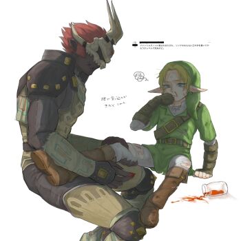 2boys arm_support arm_wrap armor black_pants blonde_hair blood blood_on_face blood_on_hands boots brown_boots brown_gloves claws commentary_request covered_eyes dark-skinned_male dark_skin dirty dirty_clothes dirty_face earrings fingerless_gloves forehead_jewel full_body gem gloves grabbing_another's_leg green_hat green_tunic grrr0111 hair_slicked_back hand_on_another's_leg hat height_difference highres hoop_earrings injury invisible_chair jar jewelry knee_boots knee_guards layered_sleeves leg_injury leg_wrap link long_sleeves male_focus mask multiple_boys nintendo pants parted_bangs pauldrons phantom_ganon pointy_ears red_gemstone red_hair shirt short_hair shoulder_armor shoulder_belt sidelighting silver_earrings simple_background single_tear sitting skull_mask spoken_squiggle spread_legs squiggle stitched_mouth stitches stud_earrings tally the_legend_of_zelda the_legend_of_zelda:_ocarina_of_time thigh_cutting translation_request tunic very_short_hair white_background white_pants white_shirt wiping_mouth
